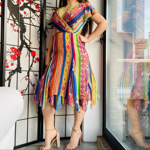 🚢Polo Ralph Lauren Multicolored Printed Silk Asymmetric Hem Detail Dress Tribal - Picture 10 of 17